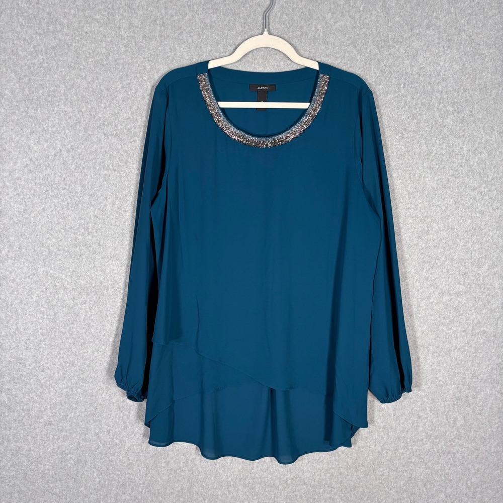 Alfani Beaded Neck Tunic Top 14 Teal Embellished Asymmetric Layered Artsy Flowy